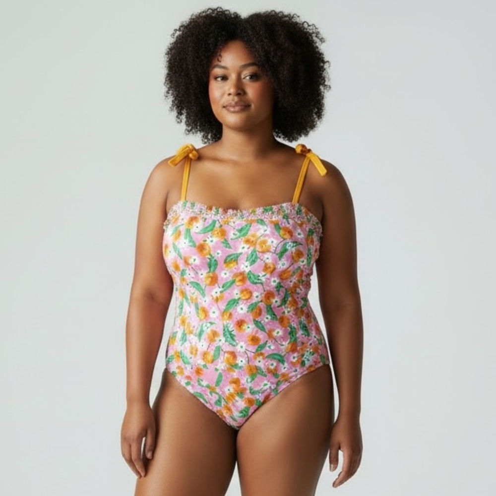 Draper James Pink Floral One-Piece Swimsuit with Yellow Tie Straps NWT